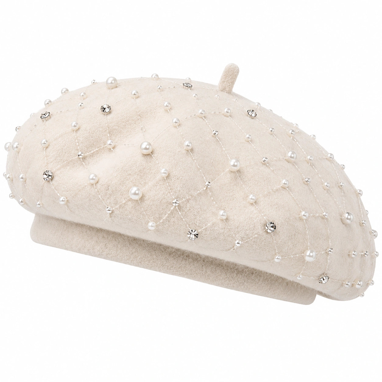 Elegante Damen Baskenmütze mit Perlen und Strass in Beige