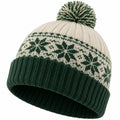 Unisex Winter Strickmütze mit Bommel und Schneeflocken Design Grün/Beige