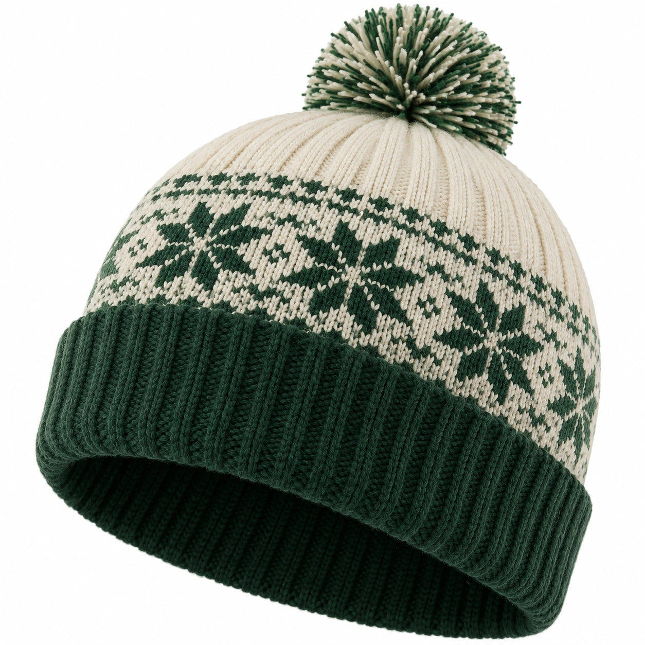 Unisex Winter Strickmütze mit Bommel und Schneeflocken Design Grün/Beige